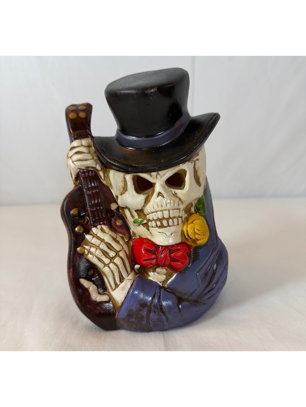 Halloween Painted Skeleton Guitarist Ceramic Tealight Holder w/Top Hat & Bow Tie